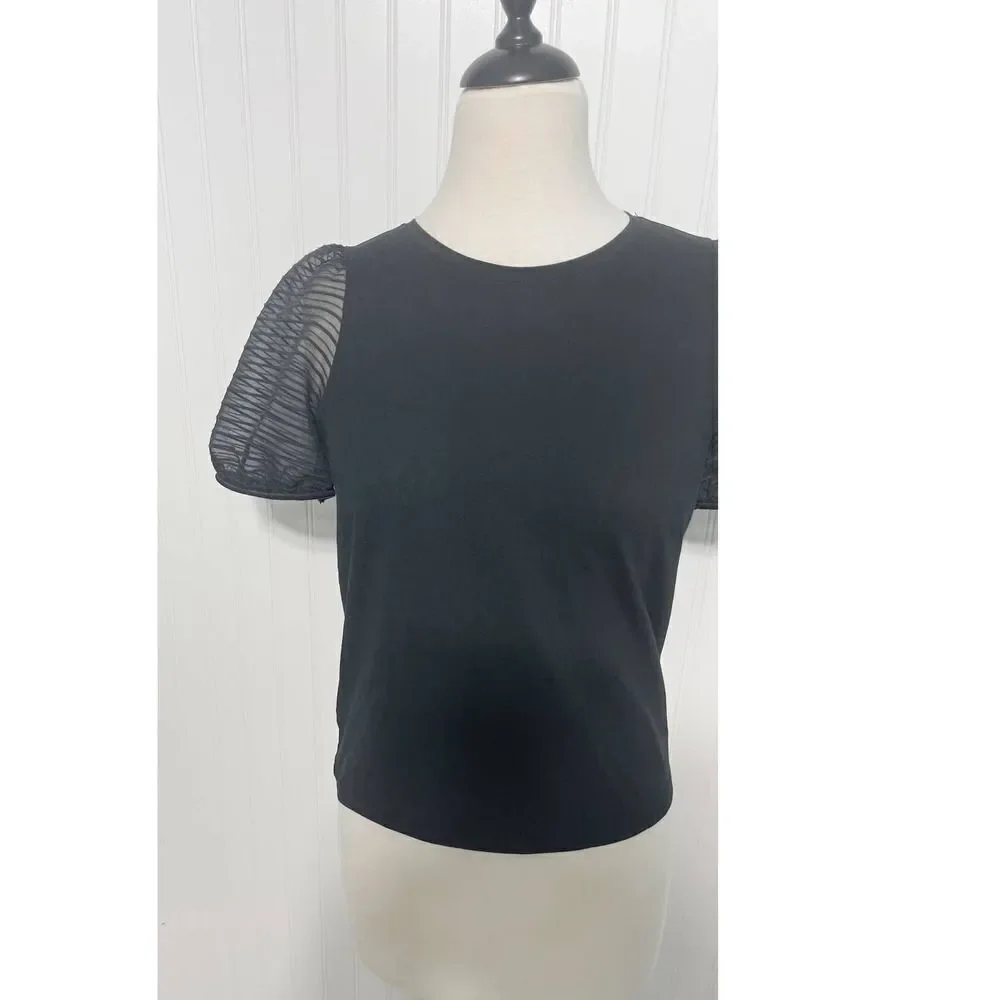 Madewell Striped Sheer Puff Sleeve Knit T-Shirt Crewneck Short Sleeve Black XS‎